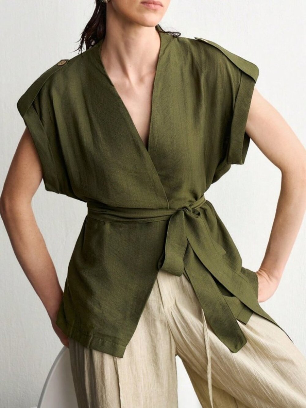 Olive Green Wrap Vest Blouse Top with Belt Tie